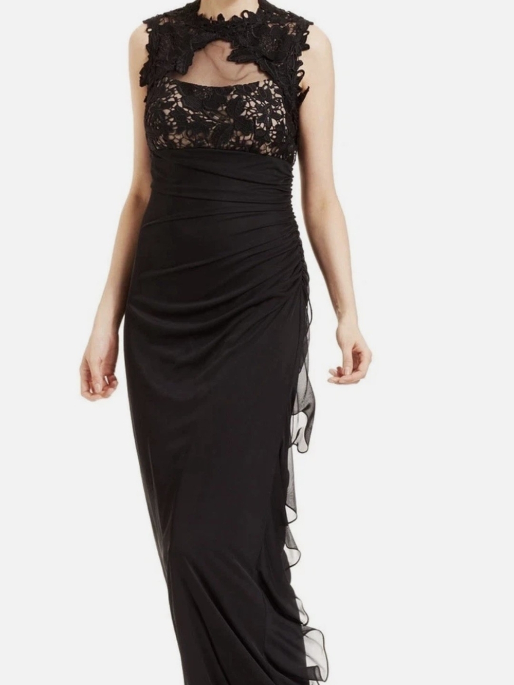 Betsy & Adam Black/Nude Illusion Lace Applique Cascade Ruffle Gown